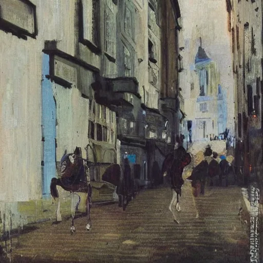Image similar to painting of a man on a horse in a Dublin alleyway, painted by George Bellows, 1905