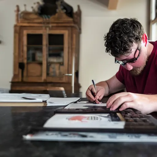 Prompt: Ethan Smith writing his next guide, (EOS 5DS R, ISO100, f/8, 1/125, 84mm, RAW, sharpen, unblur, postprocessed)