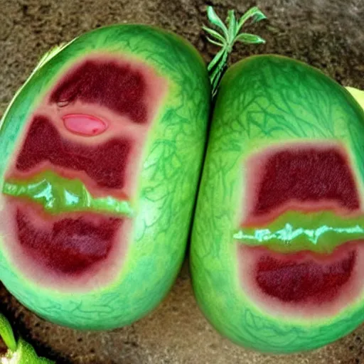 Image similar to a perfect hybrid fusion of the flesh : catwatermelonbee