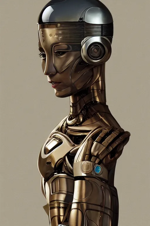 Prompt: full figure portrait of a female android made of chrome and woodgrain by duchamp, lean sleek styling, feminine curves, reflective, inscribed etched with gnostic runes, by jessica rossier