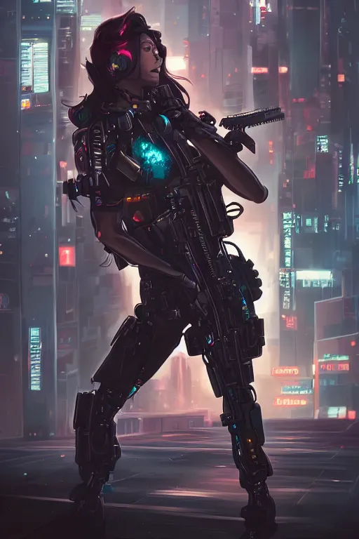 Image similar to beautiful illustration of a cyborg mercenary girl holding a rifle, art by wlop, artgerm, liam wong, upper body, cyberpunk, neon, elegant, highly detailed, trending on artstation, sharp focus, caustics, octane render, radiant light, 4 k