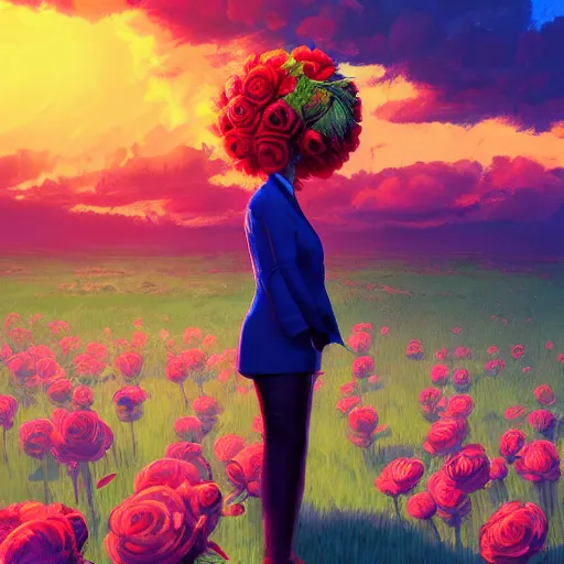 Image similar to closeup, giant rose flower head, frontal, girl in suit, surreal photography, sunrise, blue sky, dramatic light, impressionist painting, digital painting, artstation, simon stalenhag