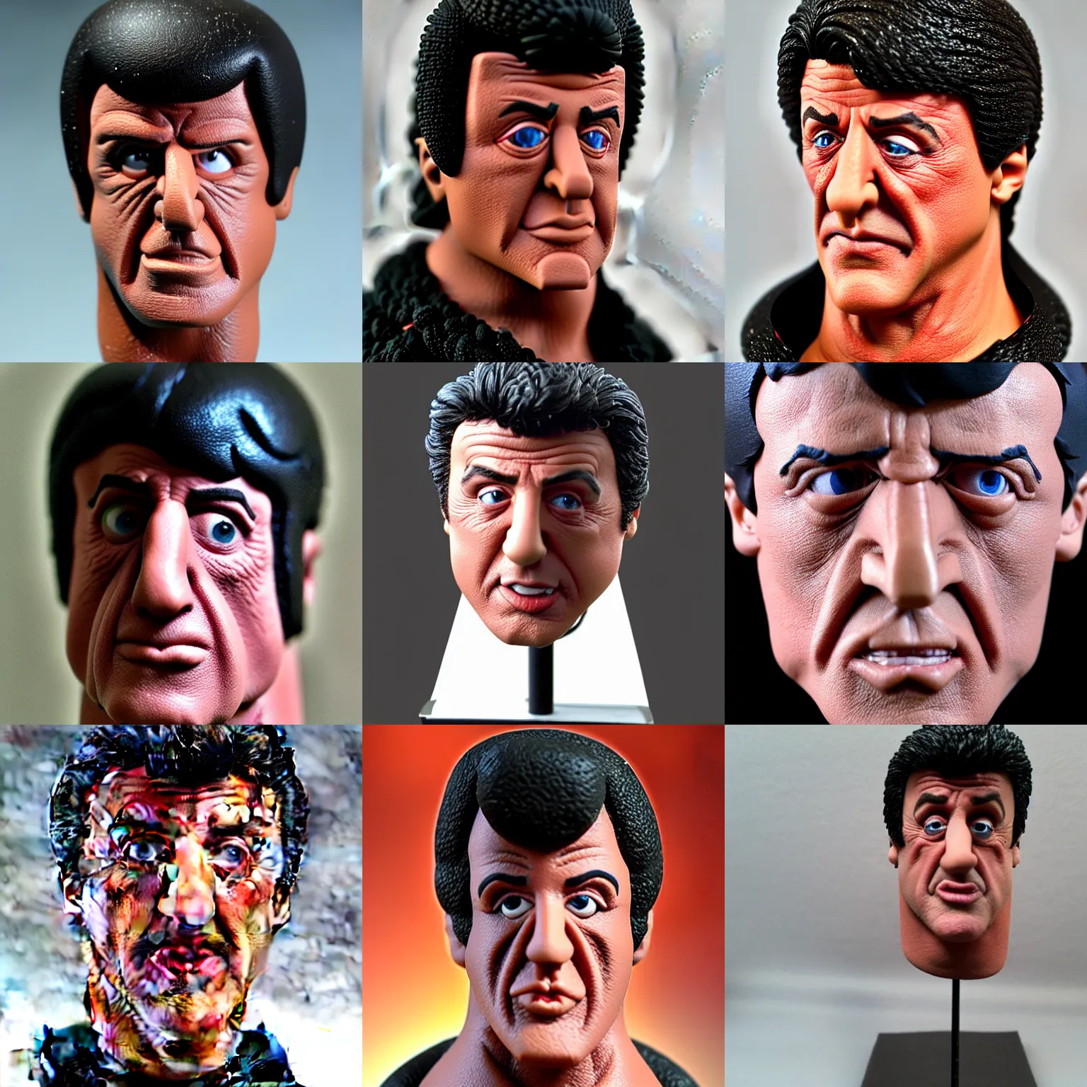 Prompt: rocky sylvester stallone! clay! close detailed sculpted head , style: professional claymation puppet clay , by guldies