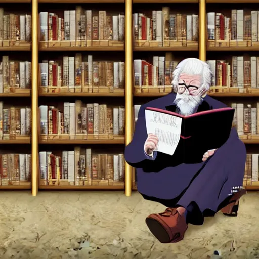 Prompt: detailed photorealistic old man read manga while sitting on his library in the style of alex ross and banksy