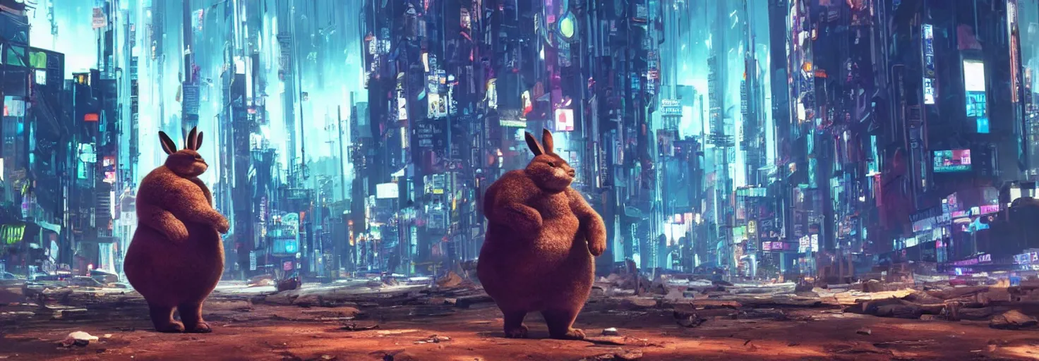 Prompt: photo of big chungus roaming in a cyberpunk futuristic city