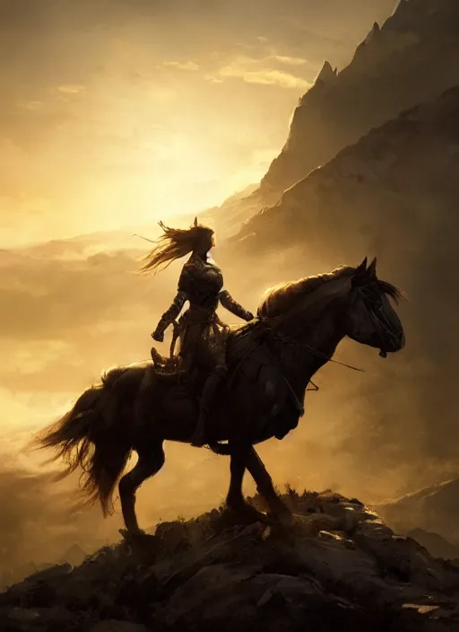 Prompt: warrior queen riding steed alongmountain ridge, silhouetted, backlit, epic atmosphere, in the style of greg rutkowski, artstation,