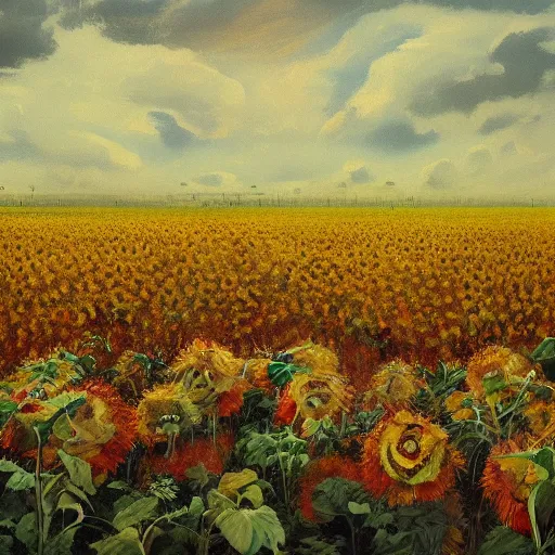 Prompt: a stunning and moody painting of many dead russian soldiers lying in blood amid a field of sunflowers as painted by francis bacon, artstation, concept art, impressionism, hyperdetailed