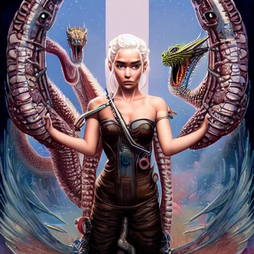 Image similar to Lofi BioPunk portrait daenerys targaryen with three dragons, Pixar style by Tristan Eaton Stanley Artgerm and Tom Bagshaw