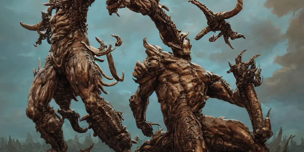 Image similar to Bronze four armed statue like colossus, character design sheet, Monster Hunter Illustrations art book, giant, trees growing on its body, enormous hands, long limbs, horns on its head, bright pale blue eyes, Moebius, Greg Rutkowski, Zabrocki, Karlkka, Jayison Devadas, Phuoc Quan, trending on Artstation, 8K, ultra wide angle, zenith view, pincushion lens effect.