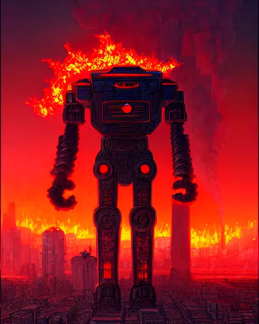 Image similar to giant robot with ominously glowing red eyes stands on top of city that is on fire, concept art, intricate details, highly detailed, in the style of rodger dean, moebius, michael whelan, pascal blanche