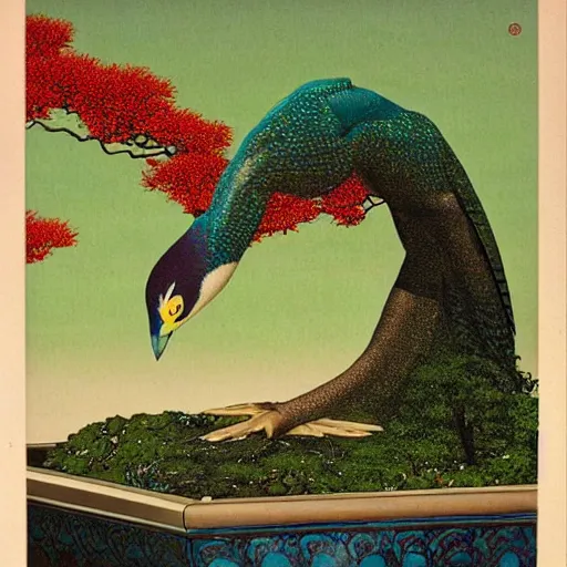 Prompt: by george barbier, by bob eggleton bonsai, luminism passionate, monumental. a beautiful illustration of a bird in its natural habitat. the bird is shown in great detail, with its colorful plumage & intricate patterns. the background is a simple but detailed landscape, with trees, bushes, & a river.