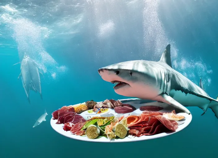 Image similar to underwater photo still of a great white shark eating a charcuterie platter at the bottom of the ocean, underwater lighting, light rays, bubbles, 8 k