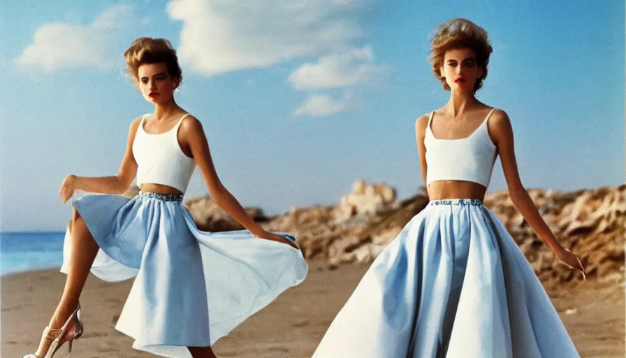 Prompt: 1 9 8 8 italia vogue magazine photo of a dress with cotton underskirt set, christian dior style, mediterranean beach background, refracted color lines, night, flash photography