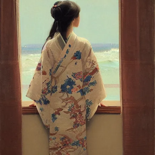 Image similar to girl with long wavy hair, in kimono with koi pattern, backview, sitting on edge of bed, by jeremy lipking, serge marshennikov, joseph todorovitch