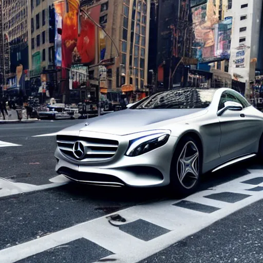 Prompt: photo of futuristic mercedes car in the streets on new york city,