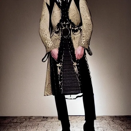 Prompt: a editorial photo of a male model wearing alexander mcqueen medieval 2 0 0 4 menswear jacket