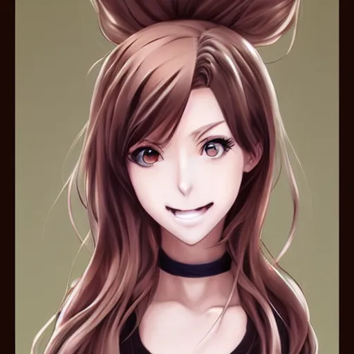 Prompt: anime girl with brown hair smiling, by artgerm