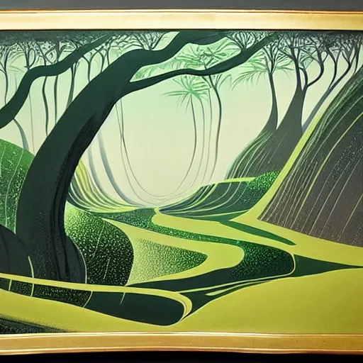 Image similar to painting of a lush natural scene on an alien planet by eyvind earle. magical realism. beautiful landscape. weird vegetation. cliffs and water.