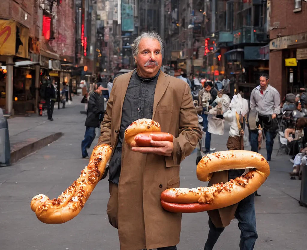 Image similar to closeup portrait of a man carrying a giant hotdog, smoky new york back street, by Annie Leibovitz and Steve McCurry, natural light, detailed face, CANON Eos C300, ƒ1.8, 35mm, 8K, medium-format print