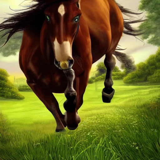 Image similar to brown centaur running through lush green fields, fantasy art