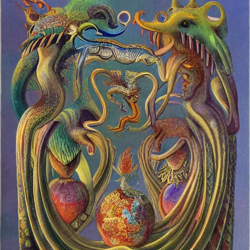 Image similar to strange mythical beasts of whimsy, surreal oil painting by ronny khalil and johfra, drawn by ernst haeckel, as an offering to zeus