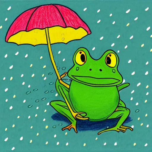 Image similar to a drawing of a happy frog under the rain wearing a rainy coat by hayao miyazaki