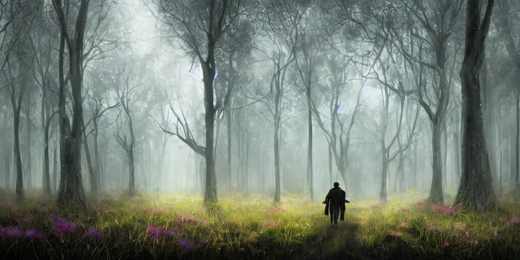 Prompt: an dark wizard of old walking through an open field with his staff in a beautiful forest of ancient neurons and pink and yellow glowing synapses running through the forest, huge incredibly immense trees, highly detailed, hyperrealism, cgsociety, 8k, ancient forest like fanal forest, misty forest, realistic painting, sharp image, hyper realistic art, cinematic, art by konstantin razumov, chiaroscuro