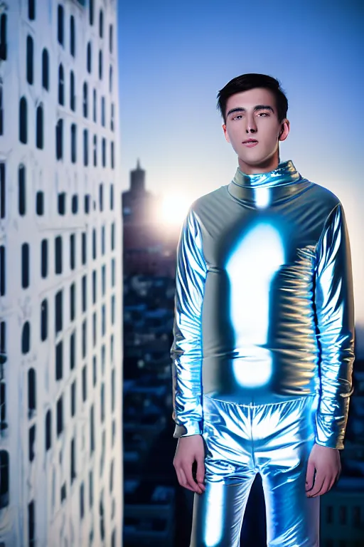 Image similar to un ultra high definition studio quality photographic art portrait of a young man standing on the rooftop of a british apartment building wearing soft baggy inflatable padded silver iridescent pearlescent clothing. three point light. extremely detailed. golden ratio, ray tracing, volumetric light, shallow depth of field. set dressed.