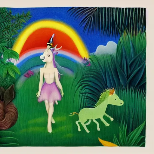 Image similar to A unicorn walking over a rainbow in the jungle by Henri Rousseau and Isami kondo, trending on artstation
