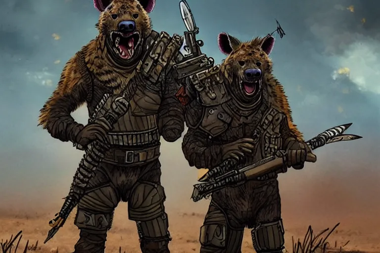 Image similar to a good ol'hyena fursona ( from the furry fandom ), heavily armed and armored facing down armageddon in a dark and gritty version from the makers of mad max : fury road. witness me.