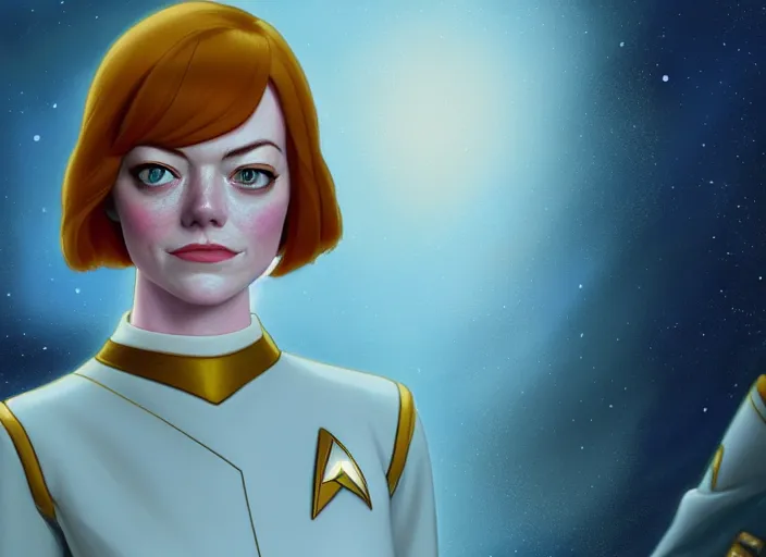 Image similar to a disney film still of emma stone as a star trek officer, finely detailed features, closeup of the face, perfect art, dusk, blue hour, gapmoe yandere grimdark, trending on pixiv fanbox, painted by greg rutkowski, makoto shinkai, takashi takeuchi, alphonse mucha, akihiko yoshida