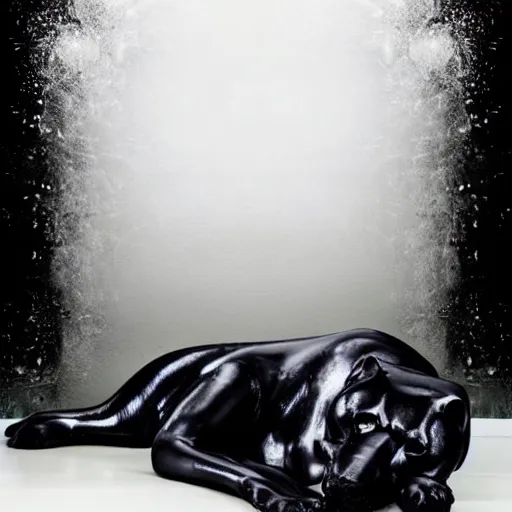 Image similar to a shiny black goo covered panther, panther made of black goo, goo panther, panther made of goo, latex shiny, laying on a tar, covered white couch in a living room, dripping and drooling black goo. digital art, photography