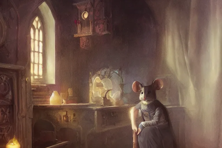 Image similar to A mouse in a Gothic atelier, oil painting, detailed, colorful, 4k, dimly lit, in the style of Yanjung Chen and Tom Bagshaw