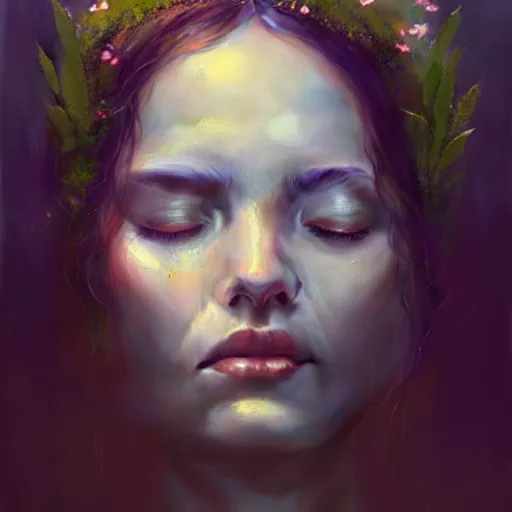 Image similar to a beautiful portrait of a plant goddess with closed eyes by Greg Rutkowski and Raymond Swanland, Trending on Artstation, ultra realistic digital art