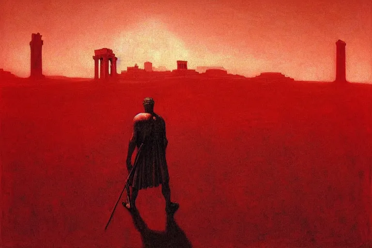 Image similar to only with red, caesar after war, a red tiger, in hoc signo vinces, rome in background, an ancient path, in the style of beksinski, part by hopper, part by rodcenko, part by hofbauer, intricate composition, red by caravaggio, insanely quality, highly detailed, masterpiece, red light, artstation