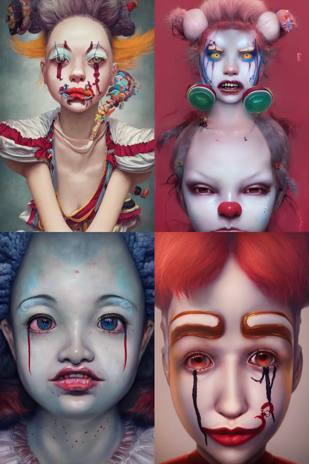 Image similar to breathtaking detailed painting of clown girl , with anxious, piercing eyes, Atari game cover art by Hsiao-Ron Cheng, James jean, Miho Hirano, Hayao Miyazaki, extremely moody lighting, hyperrealistic, octane render, RPG portrait, ambient light, dynamic lighting