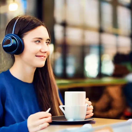 Image similar to girl using a headphone in a cafe