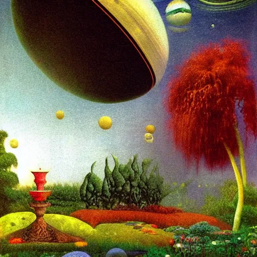 Image similar to a garden in orbit around saturn, 8 k, lowbrow, in the style of martin johnson heade, roger dean and john bauer,