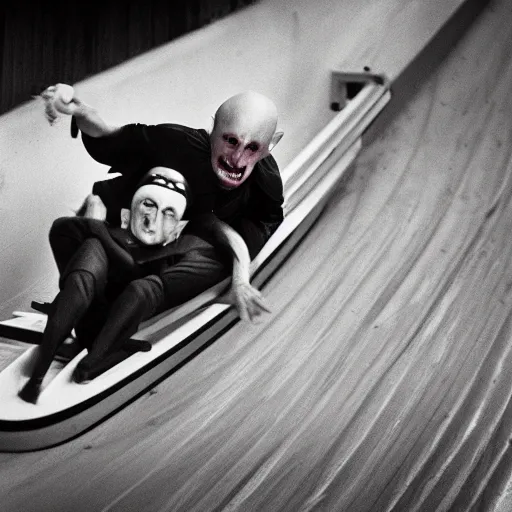 Image similar to portrait of nosferatu is doing bobsleigh alone, sport photography