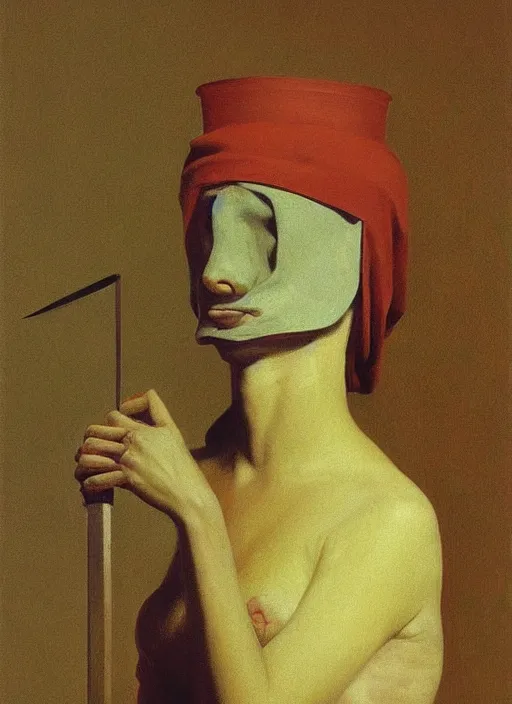 Image similar to woman with a paper bag over the head and a sward Edward Hopper and James Gilleard, Zdzislaw Beksinski, Steven Outram highly detailed