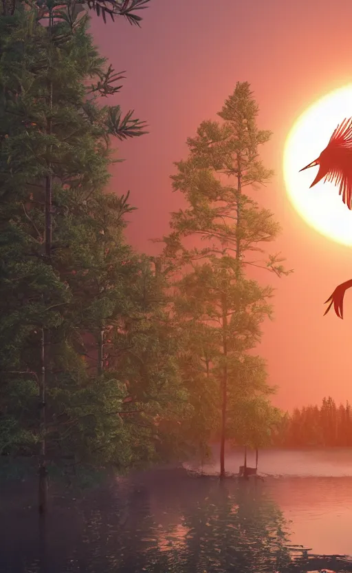 Image similar to made in blender, a huge japanese crane bird is chilling above a lake in the middle of a forest of japanese pines, a big red sun in the background, front game card, realistic rendering, high details, trending on behance, 8k, stunning, volumetric lights