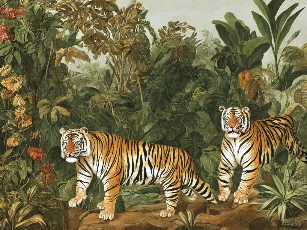 Image similar to muscular tiger, tropical plants in background, botanical, large exotic flowers, biology, painted by john audubon