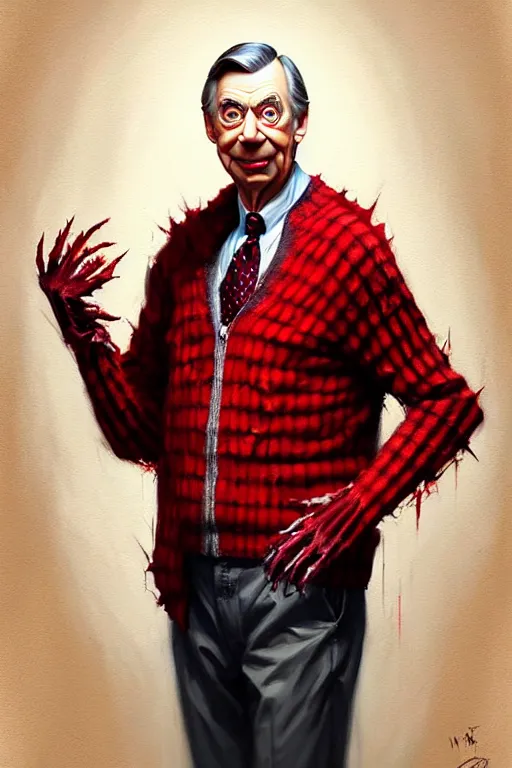 Prompt: hyper realistic portrait painting of evil mr. rogers as freddy krueger, painted by greg rutkowski, wlop, artgerm akoto shinkai trending on artstation