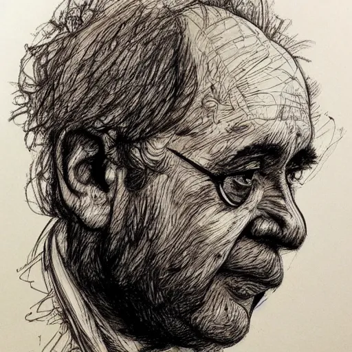 Image similar to a realistic yet scraggly portrait sketch of the side profile of a stern and sophisticated danny devito, trending on artstation, intricate details, in the style of frank auerbach, in the style of sergio aragones, in the style of martin ansin, in the style of david aja, in the style of mattias adolfsson