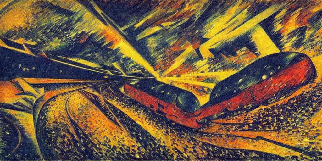 Prompt: oil painting of streamline train speeding. futurism. extreme speed with headlight shining into the fog. umberto boccioni.