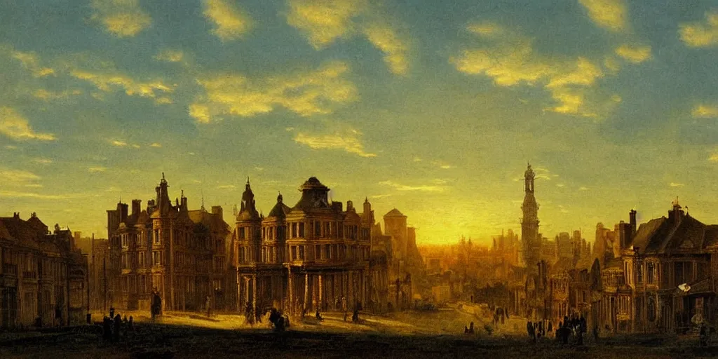 Prompt: portrait of a victorian town skyline, morning sunlight, 1 9 th century, highly detailed, cinematic lighting, painting in the style of john ward