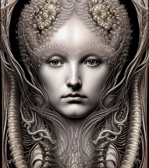 Image similar to detailed realistic beautiful platinum goddess face portrait by jean delville, gustave dore, iris van herpen and marco mazzoni, art forms of nature by ernst haeckel, art nouveau, symbolist, visionary, gothic, neo - gothic, pre - raphaelite, fractal lace, intricate alien botanicals, biodiversity, surreality, hyperdetailed ultrasharp octane render