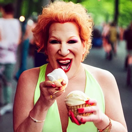 Image similar to bette midler eating ice cream, central park, trending on artstation, 8 k