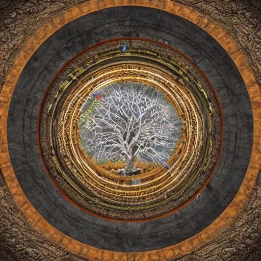 Image similar to soul tree of the earth, perfect symmetry, left side chaos, right side serenity, circular base surrounding grand tree, cinematic, ultrarealistic, intricate detail, finely detailed, small details, extra detail, high resolution, 3D, volumetric lighting, octane render, 8k, ultradetailed, photorealistic,