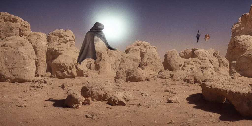 Prompt: levitating ghost veiled silhouette with full - face golden bright glowing reflective mask in a dry rocky desert landscape with abandoned city beneath the sand, visible sky and sunny atmosphere, floating rocks, flying rocks and fata morgana and giant mirrors by alejandro jodorowsky, anamorphic lens, kodakchrome, practical effects, masterpiece, 8 k